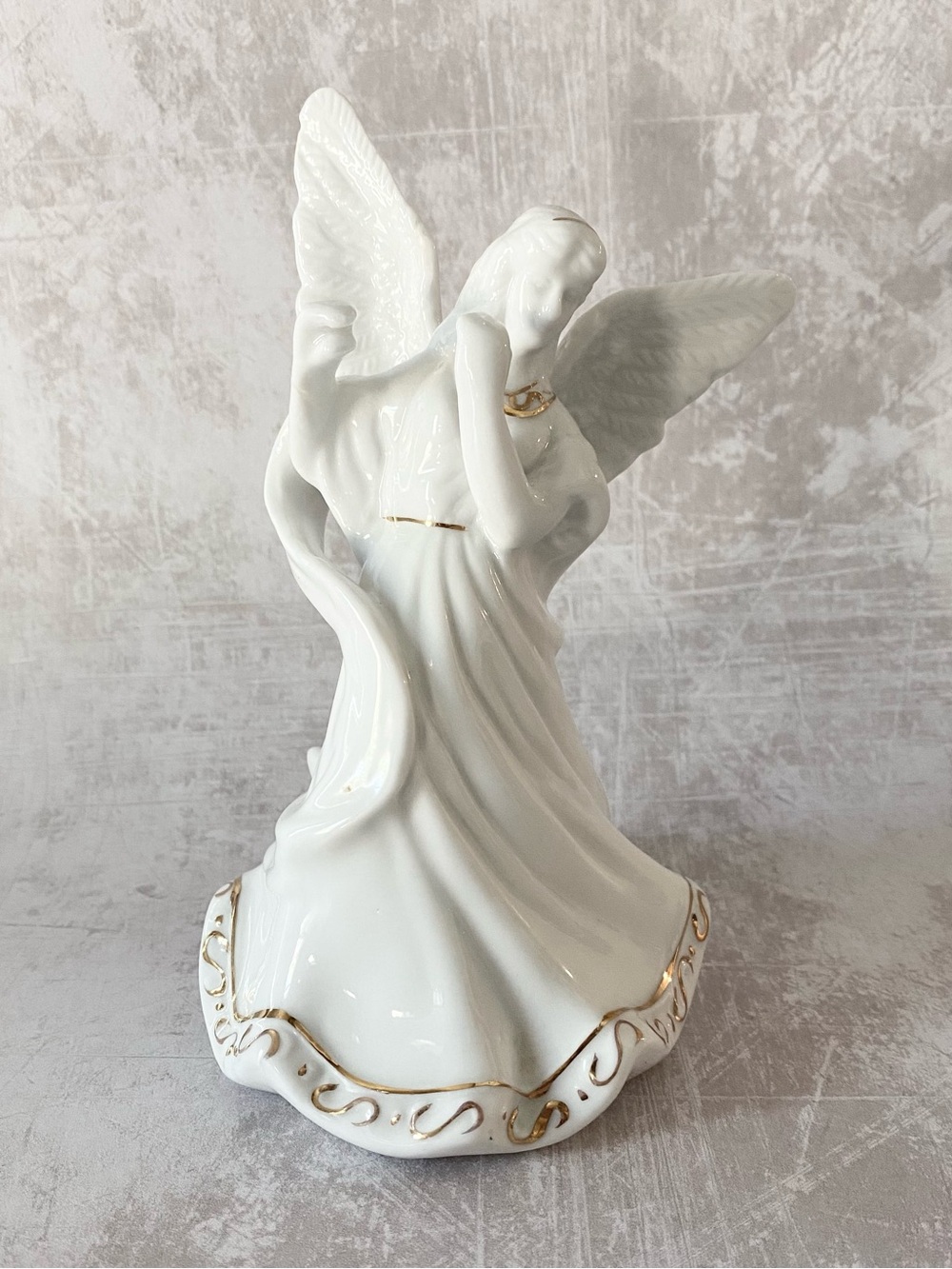 Vintage K’S Collections Porcelain Angel Figurine 1980’s  White Gold Trim 6.5”
